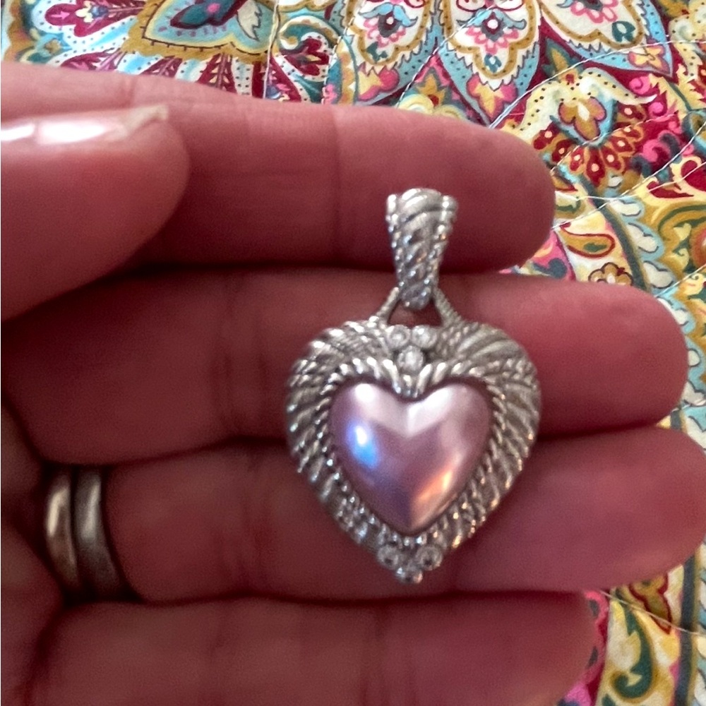 Judith Ripka, Sterling, silver pink Mabe, pearl heart CZ enhancer/pendant